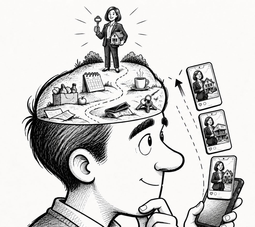 Black-and-white illustration: a man scrolls through estate agent videos on his phone, and in his open mind, among the everyday clutter, one figure stands out: the agent with a key and a house, top of mind.