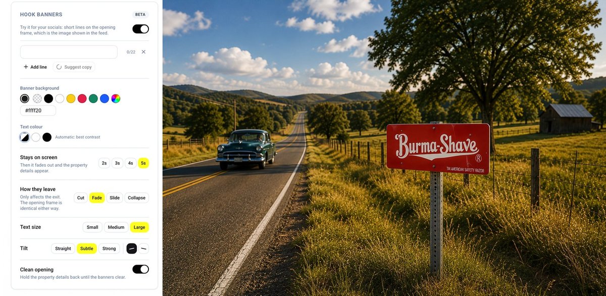 On the left, the hook-banners settings panel with text lines, colors, timing and exit animations; on the right, a Burma-Shave sign along a sunny American country road with a vintage car approaching.