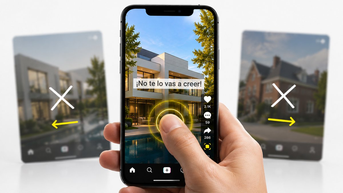 Un pulgar deja de hacer swipe en un teléfono con un vídeo de inmueble atractivo; al fondo, anuncios borrosos ya descartados.